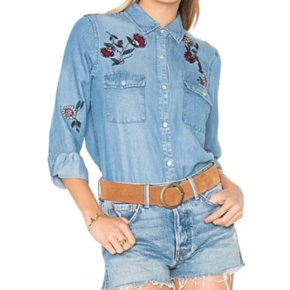 Alexander Jordan Floral Embroidered Denim Chambray Cotton Button Down Shirt XL